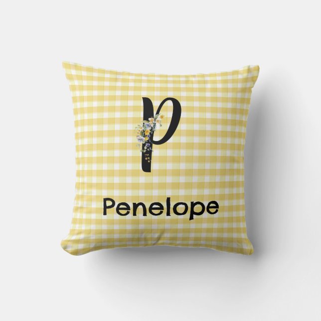 Monogram initial watercolor flower gingham pattern cushion (Front)