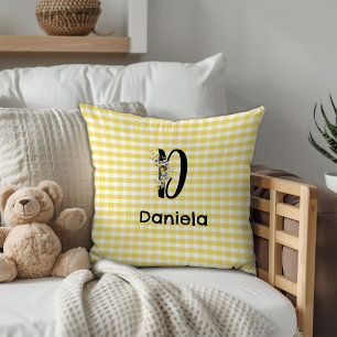Monogram initial watercolor flower gingham pattern cushion