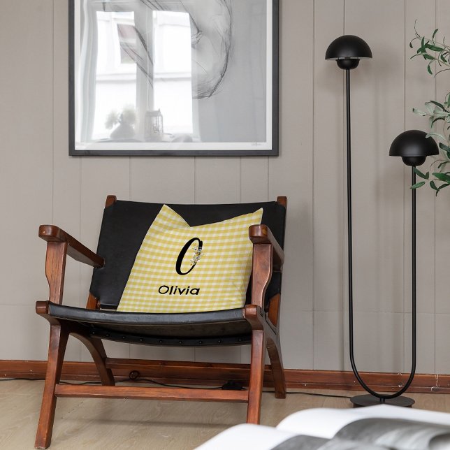 Monogram initial watercolor flower gingham pattern cushion (Creator Uploaded)