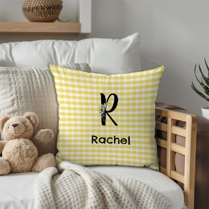 Monogram initial watercolor flower gingham pattern cushion