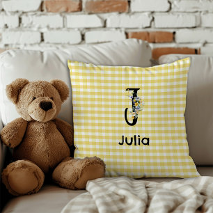 Monogram initial watercolor flower gingham pattern cushion