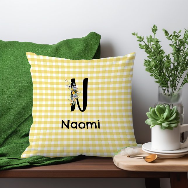 Monogram initial watercolor flower gingham pattern cushion (Creator Uploaded)
