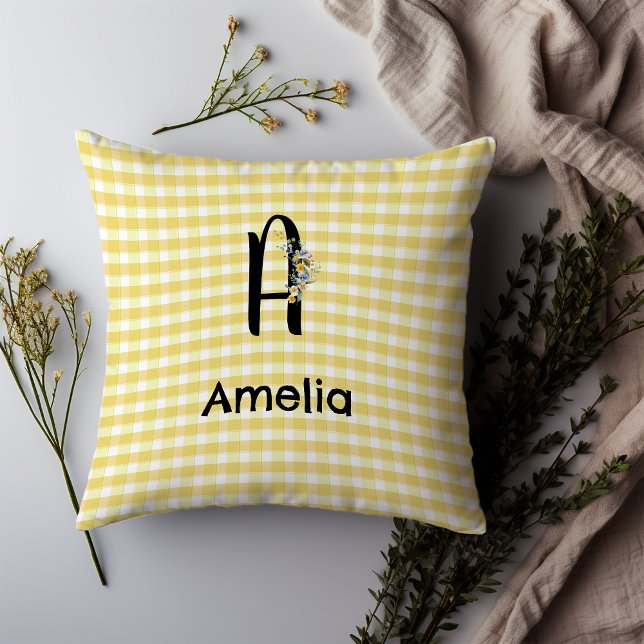 Monogram initial watercolor flower gingham pattern cushion (Creator Uploaded)