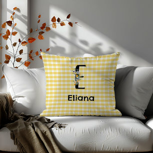 Monogram initial watercolor flower gingham pattern cushion