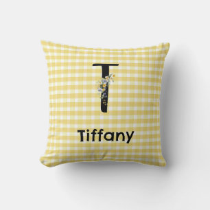 Monogram initial watercolor flower gingham pattern cushion