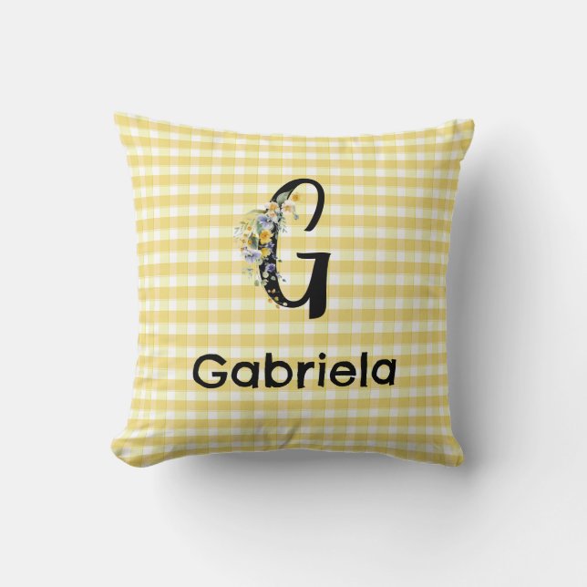Monogram initial watercolor flower gingham pattern cushion (Front)