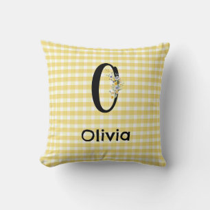 Monogram initial watercolor flower gingham pattern cushion