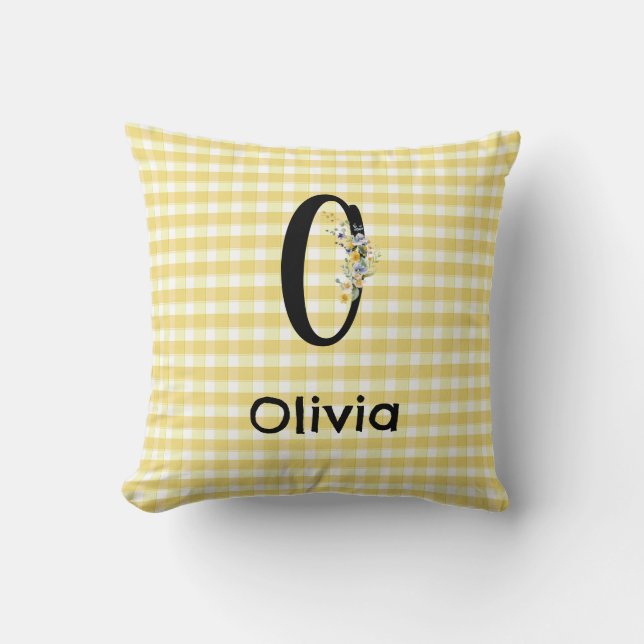 Monogram initial watercolor flower gingham pattern cushion (Front)