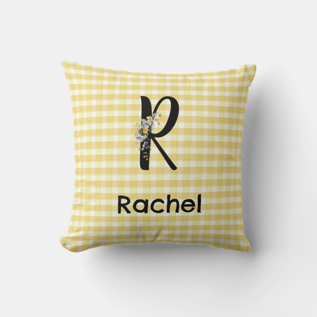 Monogram initial watercolor flower gingham pattern cushion (Front)