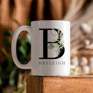 Monogram Initial Watercolor Greenery Coffee Mug