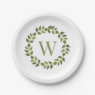 Monogram Initial Wedding Botanical Green Wreath Paper Plate