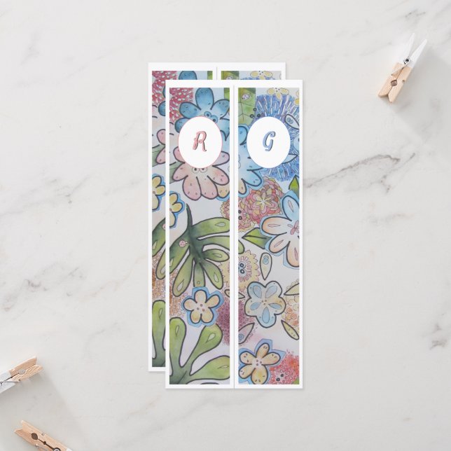 Monogram Initial Whimsical Floral Two Bookmarks (Front/Back In Situ)