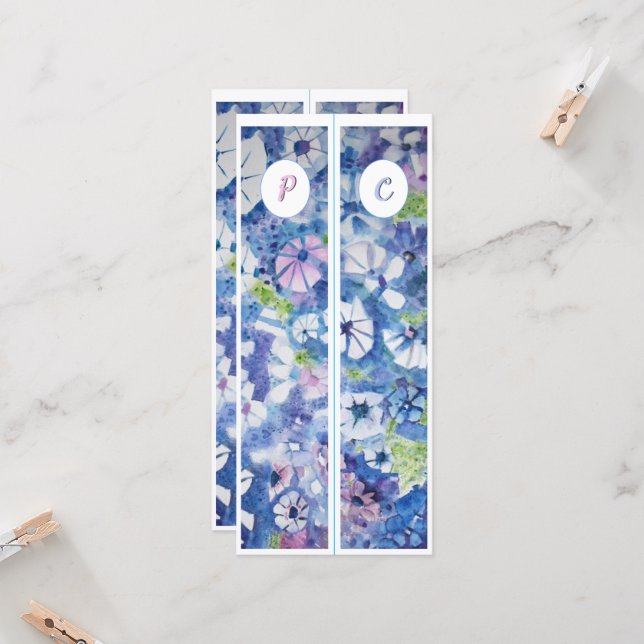 Monogram Initial Whimsical Flowers Two Bookmarks (Front/Back In Situ)