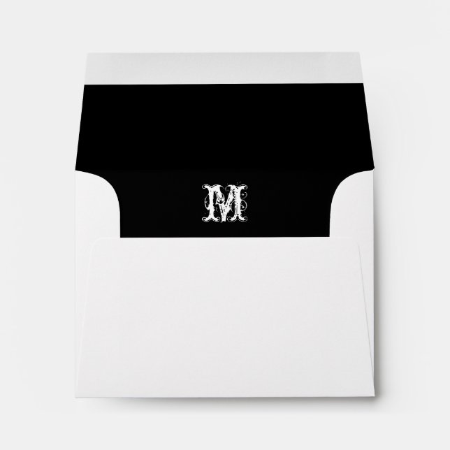 Monogram Initial White Envelope, Black Lined RSVP Envelope (Back (Bottom))