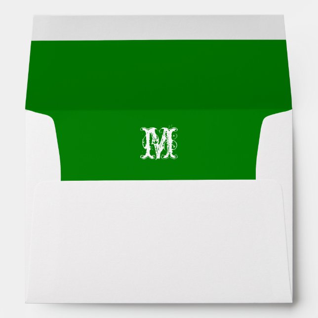 Monogram Initial White Envelope, Kelly Green Liner Envelope (Back (Bottom))