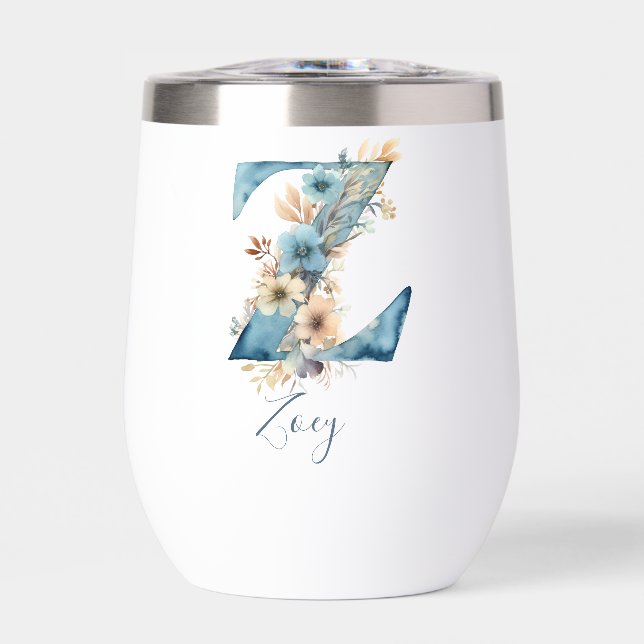 Monogram Initial Z Blue Floral Watercolor Gift Her (Front)