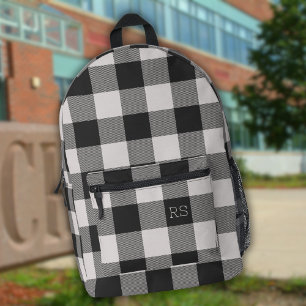 Monogram Initials Black Gingham Buffalo Check Printed Backpack