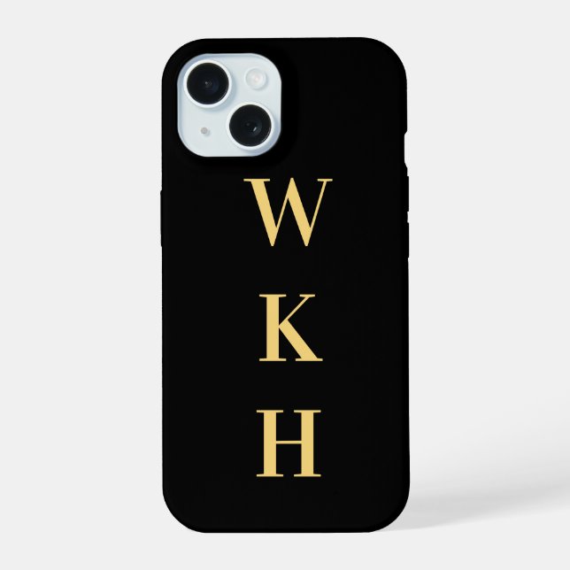 Monogram Initials Black Gold iPhone 15 Case (Back)