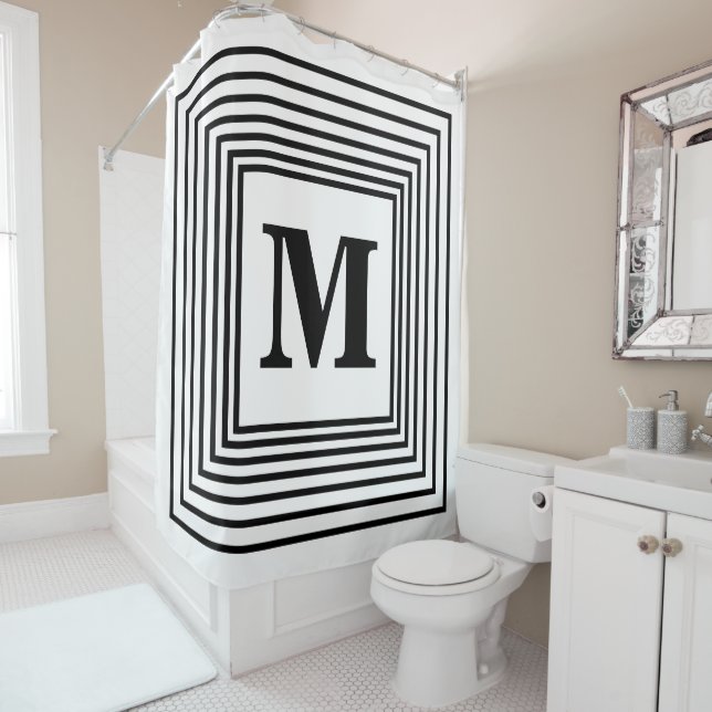 Monogram Initials Black White Patterns Custom Name Shower Curtain (In Situ)