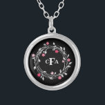 Monogram Initials Black White Pink Floral  Silver Plated Necklace<br><div class="desc">Personalised Monogrammed Black and White Floral Wreath Silver Plated Necklace</div>