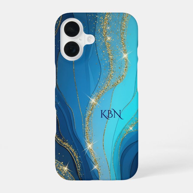 Monogram Initials Blue Gold Glitter iPhone 16 Case (Back)