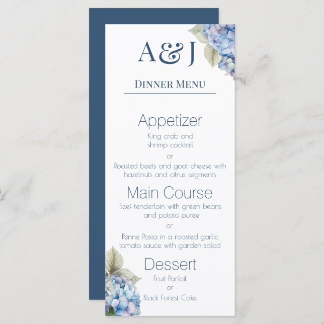 Monogram Initials Blue Hydrangea Flowers Menu (Front/Back)