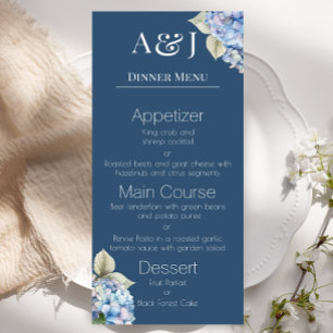 Monogram Initials Blue Hydrangea Flowers on Navy Menu