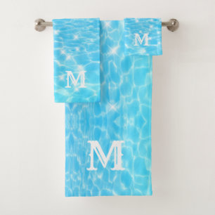 Monogram Initials blue water ripple water textures Bath Towel Set