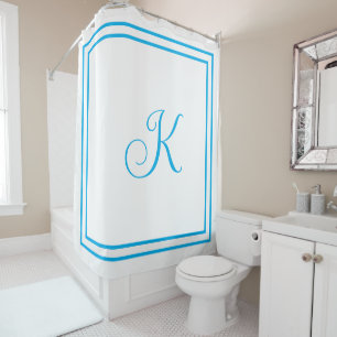 Monogram Initials Blue White Custom Script Name Shower Curtain