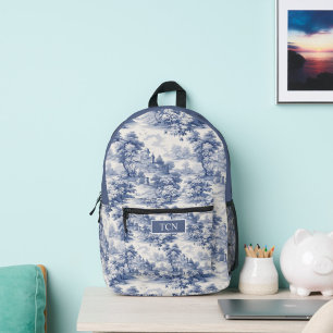 Monogram Initials Blue White French Toile Pattern Printed Backpack