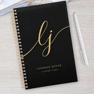 Monogram Initials Business Black Gold Initials Planner
