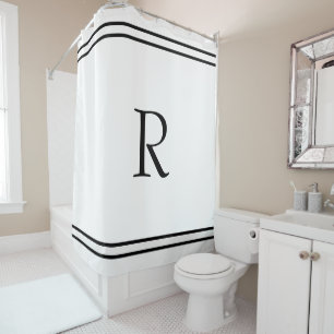 Monogram Initials Custom Name Black Stripes White  Shower Curtain
