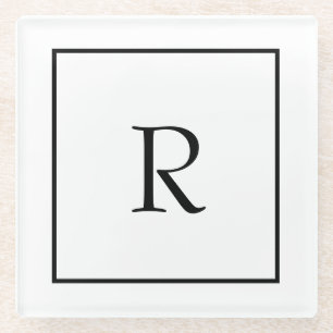 Monogram Initials Custom Name Black White Trendy Glass Coaster