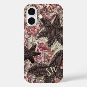 Monogram Initials Cute Peach Grey Cream Floral  iPhone 16 Case