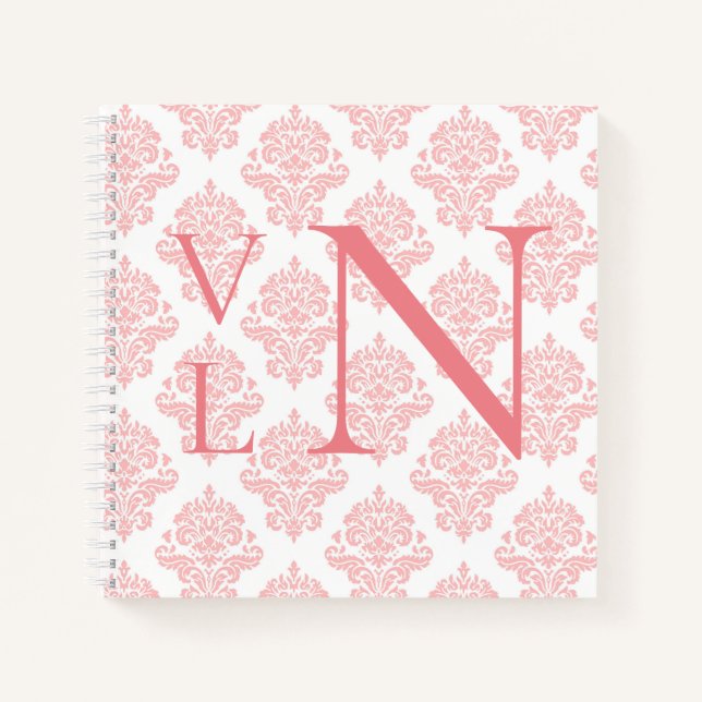 Monogram Initials Damask Peach Notebook (Front)