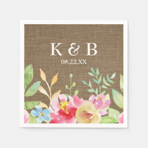 Monogram Initials Date Watercolor Flowers Burlap Napkin