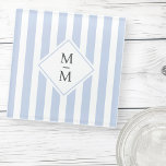 Monogram initials dusty light blue white stripes glass coaster<br><div class="desc">Glass coaster featuring a light dusty blue and white striped pattern with your monogram initials in dark grey over a white diamond shape. All colours are customisable.</div>