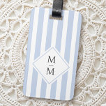 Monogram initials dusty light blue white stripes luggage tag<br><div class="desc">Luggage tag featuring a light dusty blue and white striped pattern with your monogram initials in dark grey over a white diamond shape. All colours are customisable.</div>