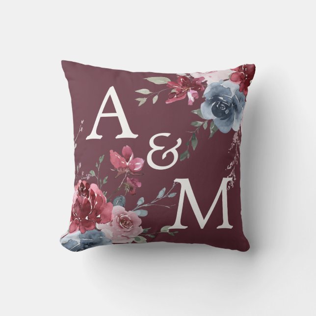 Monogram Initials Dusty Rose Blue Floral Burgundy  Cushion (Front)