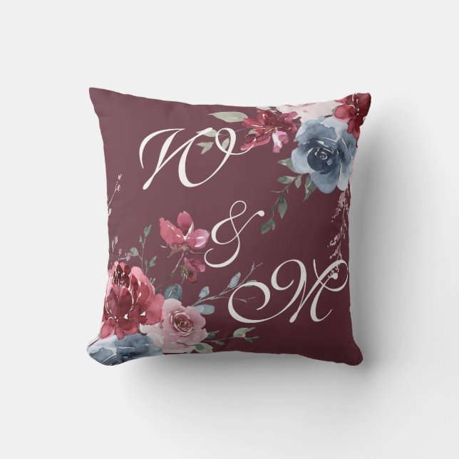Monogram Initials Dusty Rose Blue Floral Burgundy Cushion (Front)
