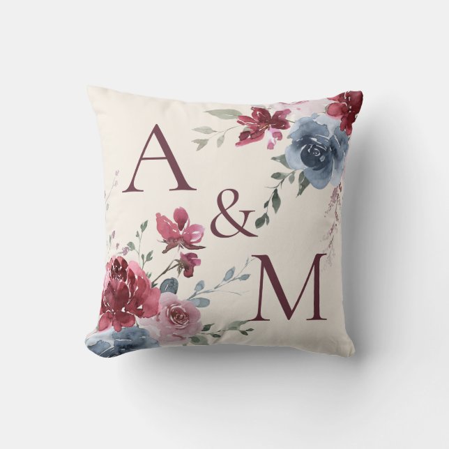 Monogram Initials Dusty Rose Blue Floral Ivory Cushion (Front)