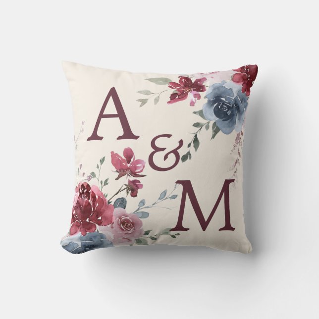 Monogram Initials Dusty Rose Blue Floral Ivory Cushion (Front)