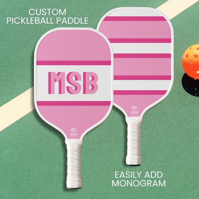 Monogram Initials, Fun Pink Stripes, Custom  Pickleball Paddle (Creator Uploaded)
