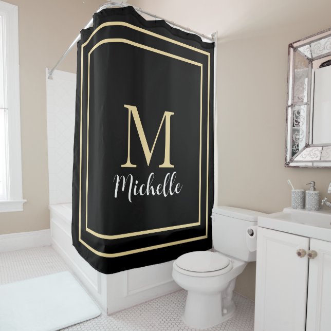 Monogram Initials Gold Black White Custom Name Shower Curtain (In Situ)