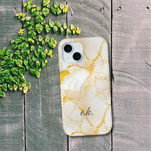 Monogram Initials gold yellow white marble iPhone 15 Case