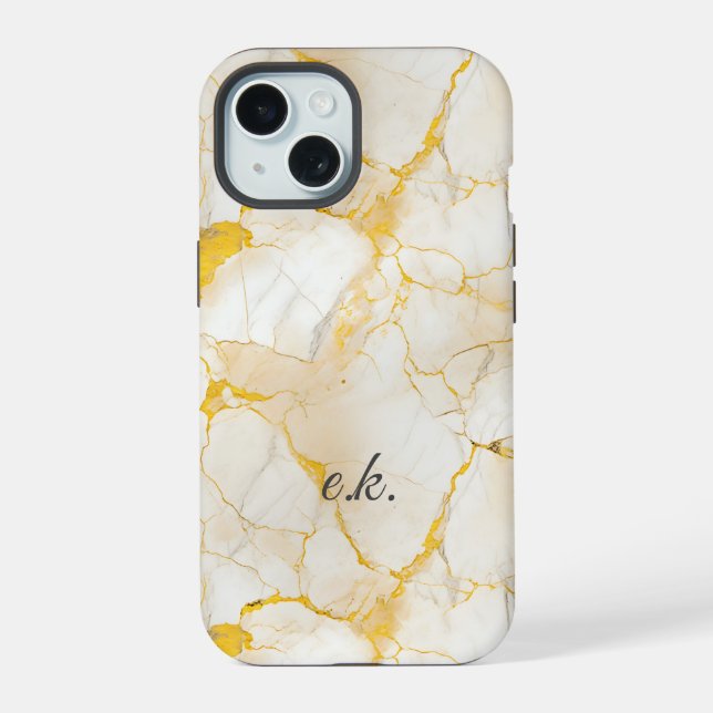 Monogram Initials gold yellow white marble  iPhone 15 Case (Back)