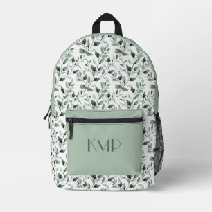 Monogram Initials Greenery Leaves Botanical Printed Backpack