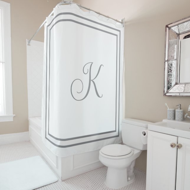 Monogram Initials Grey White Custom Script Name Shower Curtain (In Situ)