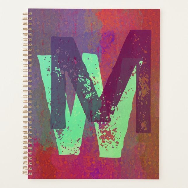 Monogram Initials Grunge Funky Purple Green Art Planner (Front)