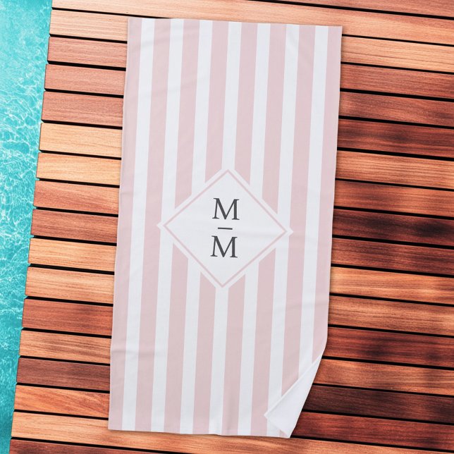 Monogram initials light blush pink white stripes beach towel (Monogram initials light blush pink white stripes beach towel)